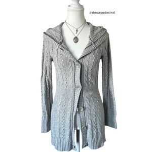 Y2K “L.O.G.G x H&M” Grey Cable Knit Button up Cardigan with Hood